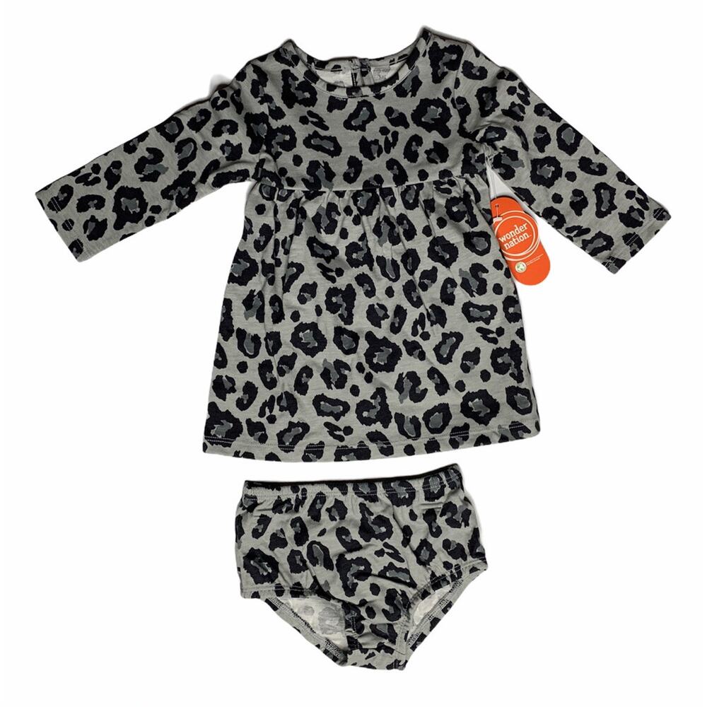 NEW Baby Girls‎ Wonder Nation Long Sleeve Dress w/ Diaper Cover Gray Leopard 12M